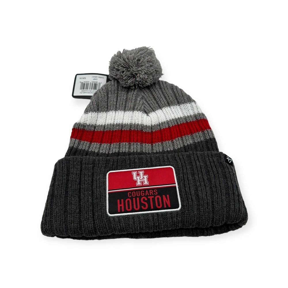 '47 Houston Cougars Beanie Gray Stack Striped Patch Pom Knit Cuff Hat Cap Pom